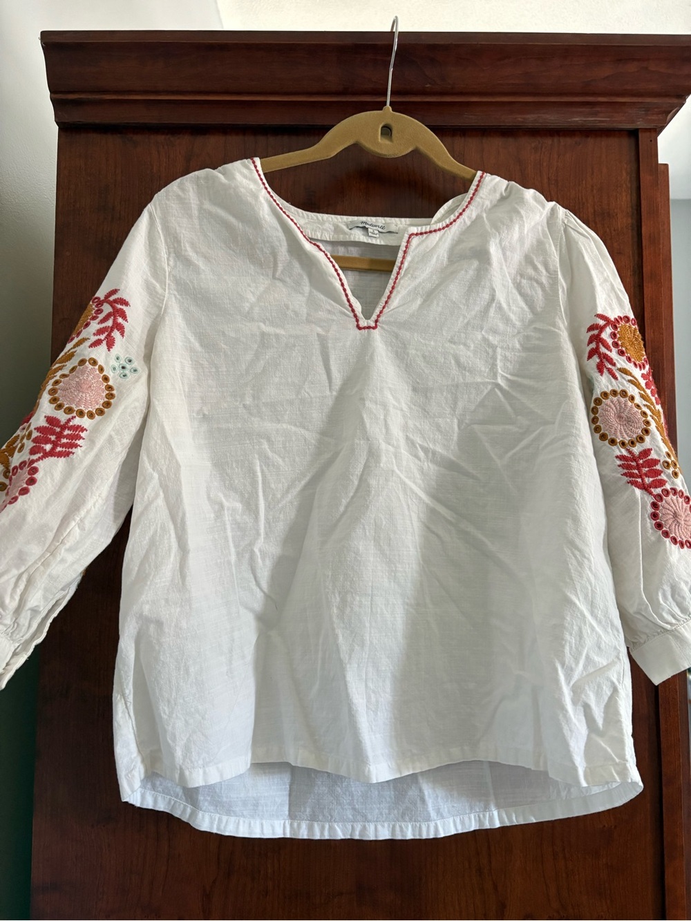 Madewell White Embroidered Peasant Tunic with Red & Mustard Accents 100% cotton